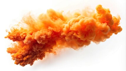 Orange smoke cloud rising on white background aerial view