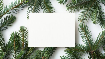 White blank card placed amid lush green fir branches, perfect for holiday greetings or Christmas-themed designs and messages.