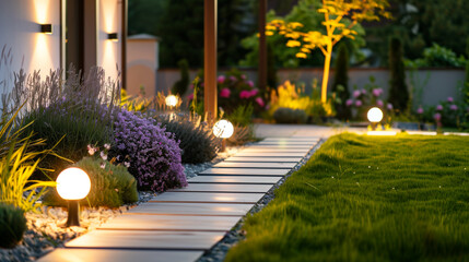 Modern garden pathway illuminated by ground lights with vibrant flowers and plants at night