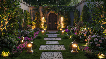 Fototapeta premium Modern garden pathway illuminated by ground lights with vibrant flowers and plants at night