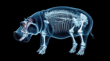 Fototapeta premium X-ray image of a hippo's glowing skeleton, revealing intricate bone structure and massive jaw, hippo X-ray, focus on the anatomy of large mammals