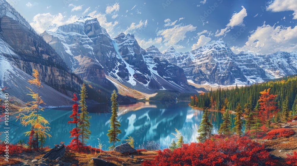 Wall mural Majestic Mountain Range Reflecting in a Tranquil Blue Lake with Autumnal Foliage