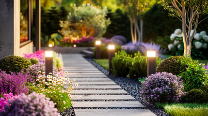 Obraz premium Illuminated garden lanterns along a cobblestone pathway surrounded by vibrant flowers