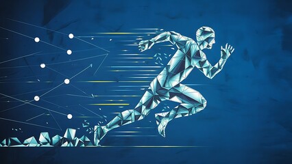 Fototapeta premium Abstract running man form lines and triangles, point connecting network on blue background. Illustration vector