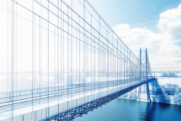 Fototapeta premium Wireframe of suspension bridge spanning river in urban setting