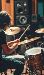 Obraz premium Drummer playing drums in a recording studio.