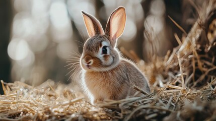 Fototapeta premium Stock minimalist photography of a bunny with large eyes and a shy expression, placed on a bed of hay with natural daylight adding warmth and coziness