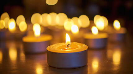 Tealight candle burning brightly with other candles out of focus in background