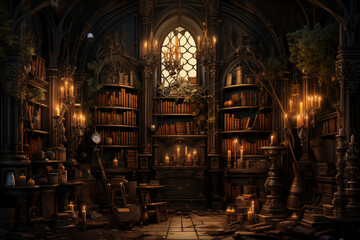 Fototapeta premium Gothic library interior with mysterious atmosphere representing solitude and knowledge in dark tones