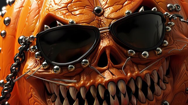 Das Gesicht von einem gruseligen, rockigen Halloween K&uuml;rbis mit Sonnenbrille.