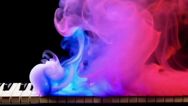 Colorful smoke on instrument piano , black background. Generative AI
