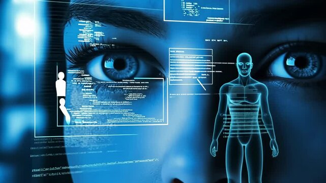 A woman's face is shown in a blue and white background with a computer screen in the background. The woman's eyes are open and staring at the camera. Concept of technology and artificial intelligence