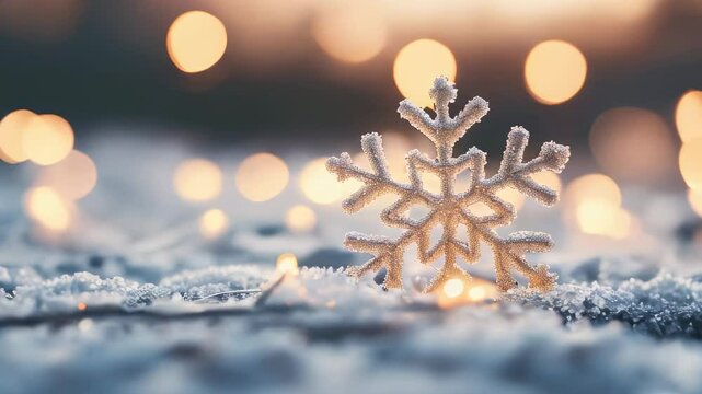 Delicate snowflakes rest gently on the ground, illuminated by soft, warm lights during a peaceful winter evening