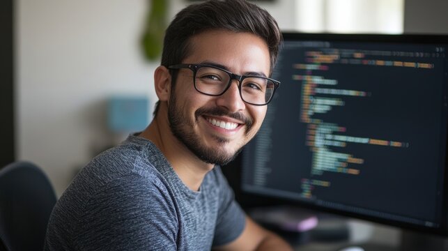 Portrait of a Hispanic computer programmer smiling while working on code, clean and minimalistic image.