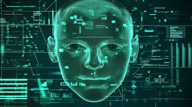 A computer-generated image of a man's face with a green background. A brain, which is a key component of the face. Scene is futuristic and technological
