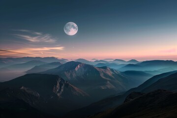 Fototapeta premium A full moon casts a mystical glow over majestic mountains, their peaks silhouetted against a pastel sky, creating a breathtaking nocturnal view.