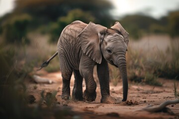 Fototapeta premium A young elephant gracefully explores a dusty savanna path, embodying the innocence and curiosity of the wild amidst a serene landscape.