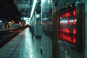 A dimly lit subway platform with glowing red digital displays creates an atmosphere of urban transience and movement.