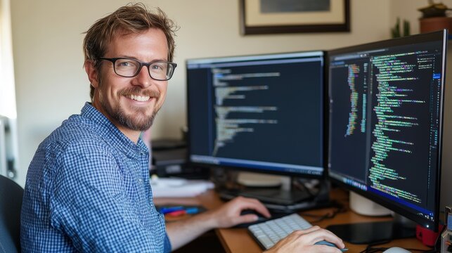 Caucasian man coding at his computer, smiling while working as a programmer, simple composition with minimal distractions.