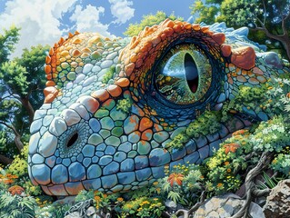 Naklejka premium Close Up of a Dragon's Eye in a Lush Forest
