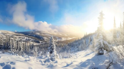 A vast winter landscape covered in snow, with tall trees and rolling hills under a bright sun, casting light on the peaceful scene.
