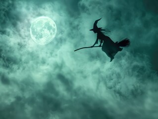 Silhouette of a Witch Flying on a Broomstick Against a Full Moon with Dark Mist and Colorful Fog, creepy halloween