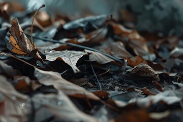 Fototapeta premium Fallen leaves form a brown tapestry, embodying the seasonal shift to autumn, with textures and rich tones under moody lighting.