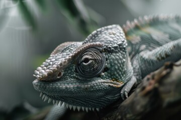 An intimate portrait of a chameleon with textured scales, perched silently amidst an abstract green backdrop, showing its natural elegance.