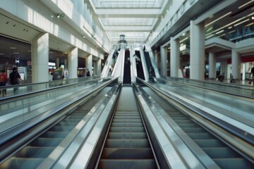 Naklejka premium A wide shot of an airport escalator, bathed in natural light from the skylight, inviting travelers on their ascending journey.