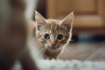 A kitten peers with wide-eyed curiosity, capturing a sense of playful wonder and innocence.