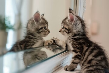 A curious kitten explores its reflection in the mirror, paw gently resting on the glass, capturing a playful moment of feline innocence.