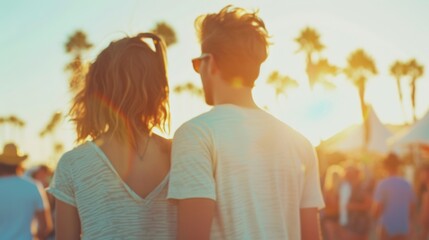 A young couple standing close together, enjoying the warm sunset at an outdoor festival with palm trees and people in the background.