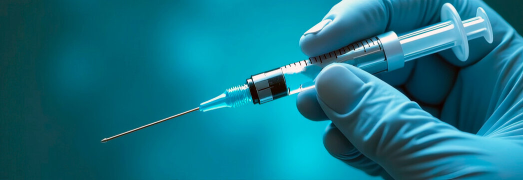 Medical hand in gloves holding creative syringe with blue vaccine. Minimalism banner concept