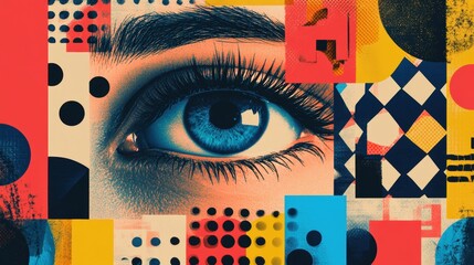 Eye-catching collage element representing the search concept, blending contemporary design with bold colors, abstract patterns, and familiar search symbols. Ideal for marketing and digital media.