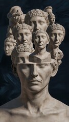 Naklejka premium Collage with many plaster antique sculpture of human face in a surreal art style. Modern creative concept image with ancient statue head. Contemporary art poster. Funky surrealism. Zine culture.