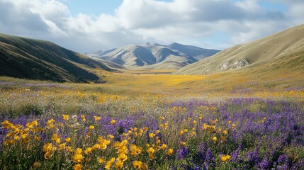 Fototapeta premium Vibrant Wildflower Valley Under Blue Sky