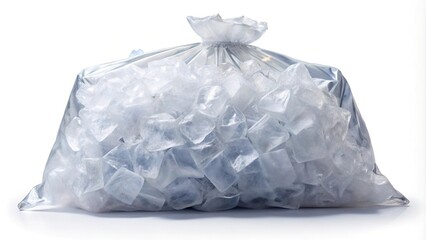 Packaged bag of ice with shadow isolated on white background macro