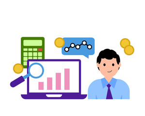 A man using mathematical, statistical data to solve economic problems. Simple flat vector illustration.