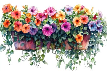 Obraz premium Colorful petunias in hanging pots with vibrant green leaves in watercolor style Generative AI