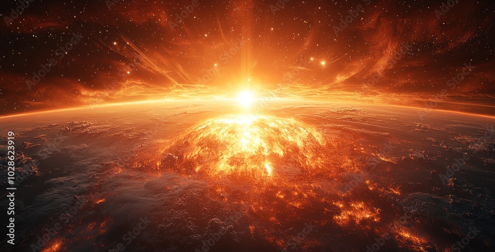 Wall mural fiery celestial event with an erupting planet and bright sun in a glowing universe filled with stars
