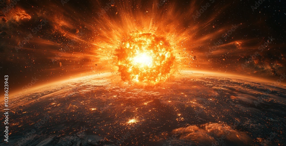 Wall mural fiery celestial event with an erupting planet and bright sun in a glowing universe filled with stars