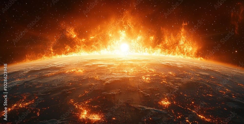 Canvas Prints fiery celestial event with an erupting planet and bright sun in a glowing universe filled with stars