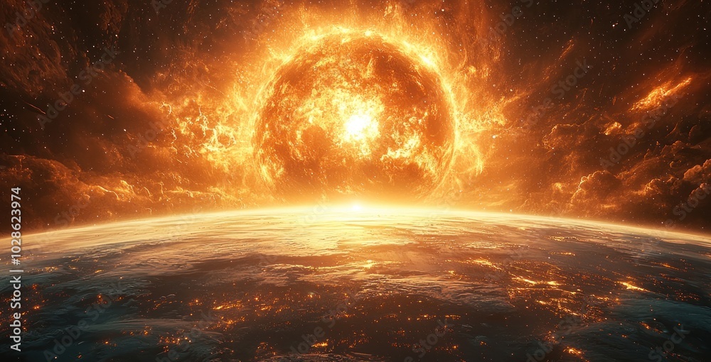 Wall mural fiery swirling vortex on a planetary surface with intense flames and cosmic destruction in deep spac