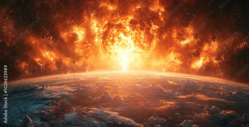 Wall mural fiery swirling vortex on a planetary surface with intense flames and cosmic destruction in deep spac