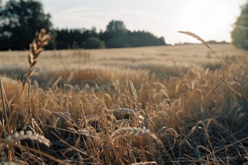 Fototapeta premium Golden fields stretch endlessly under a soft, diffused sunlight, where ripe wheat whispers stories of harvest and abundance.