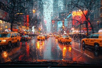 Rainy evening in a busy city street with yellow taxis and bright lights viewed through a rain-soaked car window Generative AI
