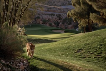 Obraz premium A lioness strides purposefully across a sun-dappled golf course, blending wild majesty with manicured greens.