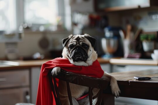 A pug dons a vibrant red cape in a cozy kitchen setting, exuding a charming, superhero-like demeanor while lounging on a chair.