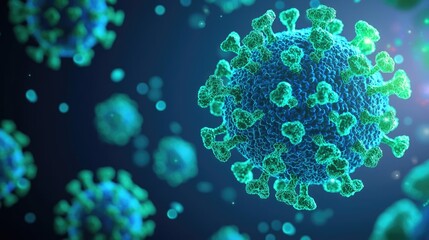 3D render of virus with green spikes against a dark background, scientific illustration