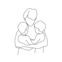 Simple line drawing of a mother holding two children in her arms Generative AI